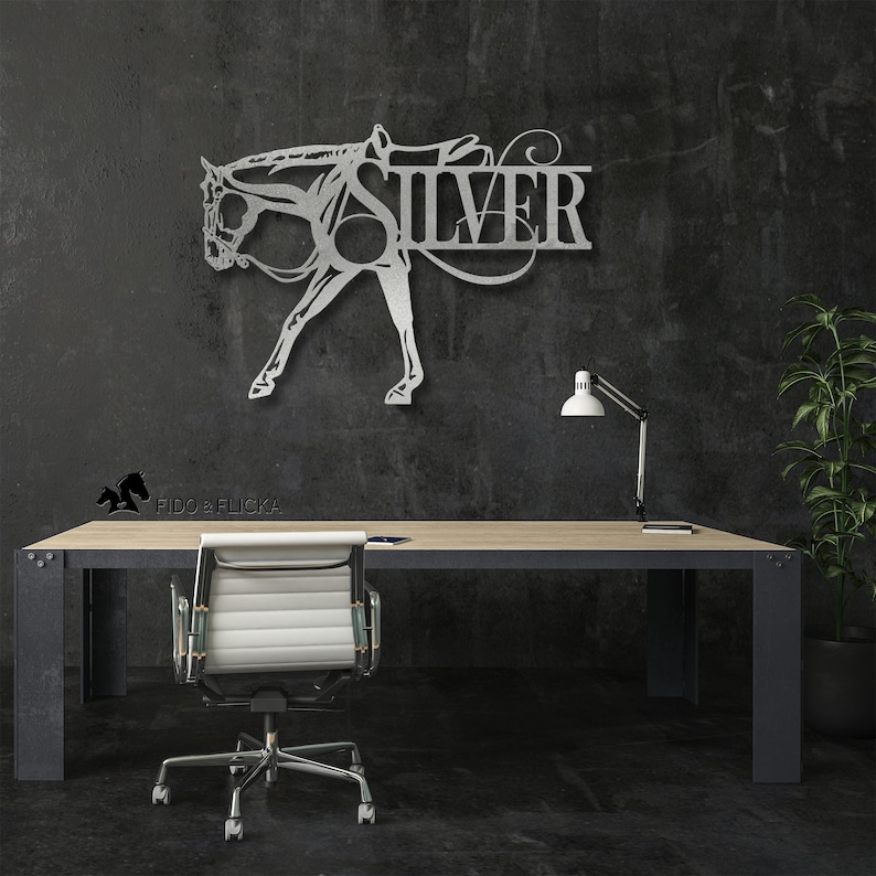 silver western pleasure horse personalized wall art on dark wall in office