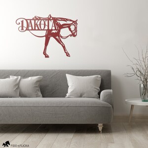 red metal western horse wall art in living room