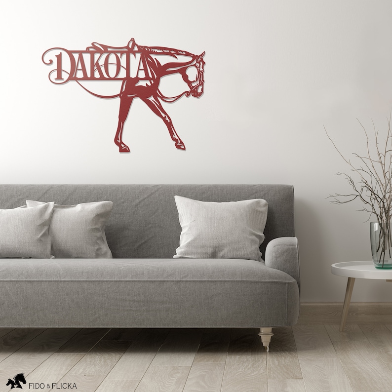 red metal western horse wall art in living room