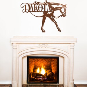 copper western pleasure horse metal art over fireplace