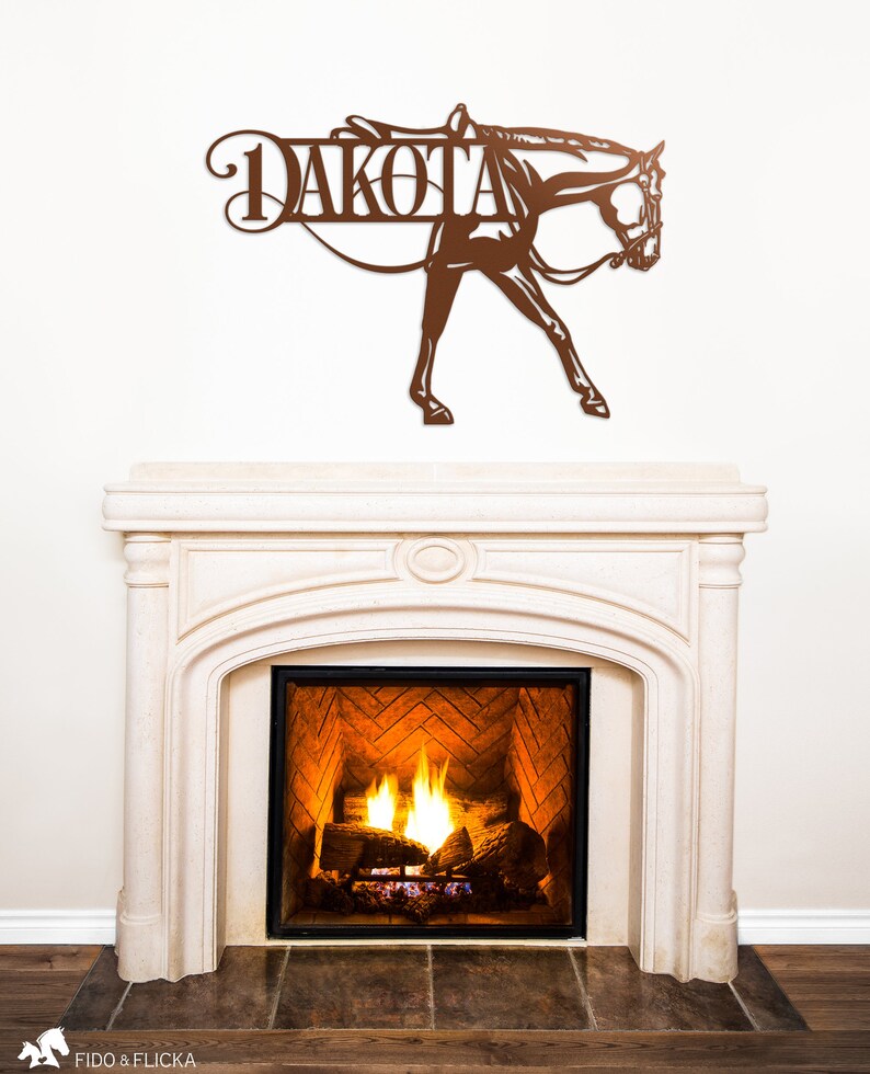 copper western pleasure horse metal art over fireplace