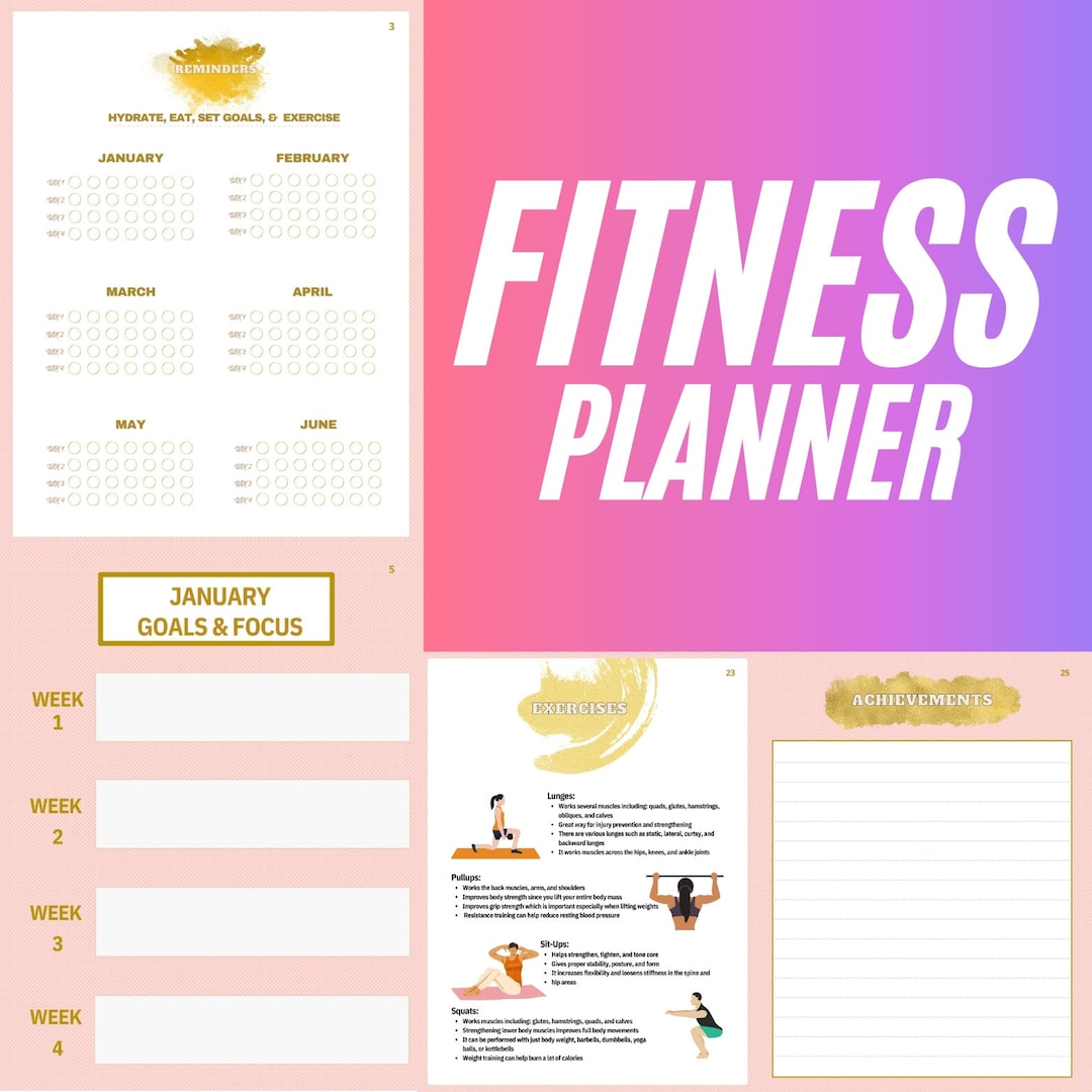 Digital Fitness Planner, Printable Fitness Journal, Wellness, Health