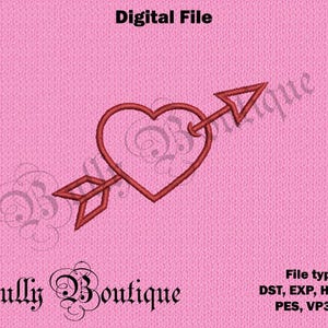 May include: A red heart with an arrow through it. The arrow is pointing to the right. This is a digital embroidery design file.