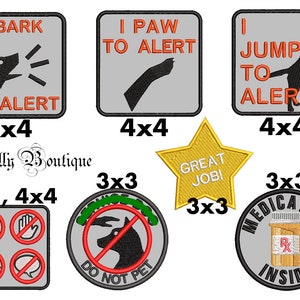 Puede incluir: Un conjunto de nueve parches bordados para ropa o bolsos. Los parches presentan varios diseños relacionados con perros, incluyendo un perro ladrando, un perro dando la pata, un perro saltando, una estrella con el texto "Great Jobi", un círculo con el texto "Do Not Pet", y un círculo con el texto "Medication Inside". Los parches están disponibles en diferentes tamaños, incluyendo 2x2, 3x3 y 4x4 pulgadas.