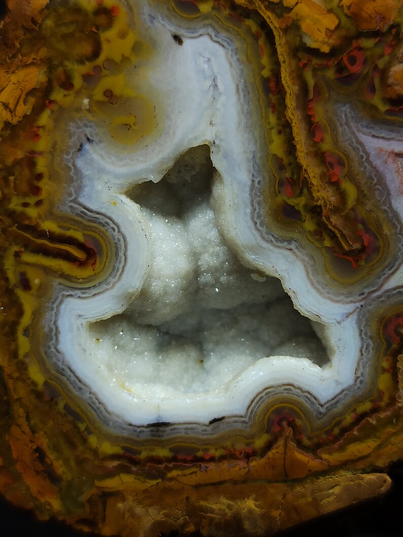 Yellow and Green Banded and White Snow Druzy Double Geode Agate ...
