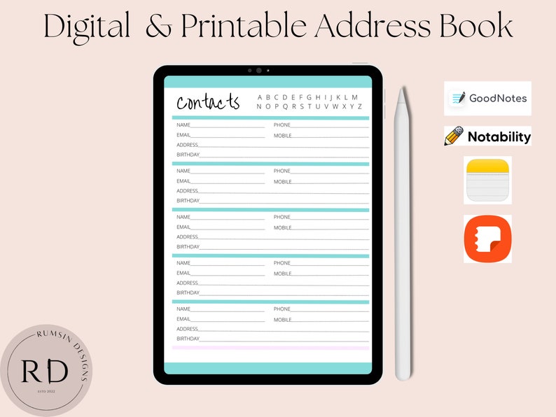 Digital Address Book Printable Address Book Contacts Log Planner Pages
