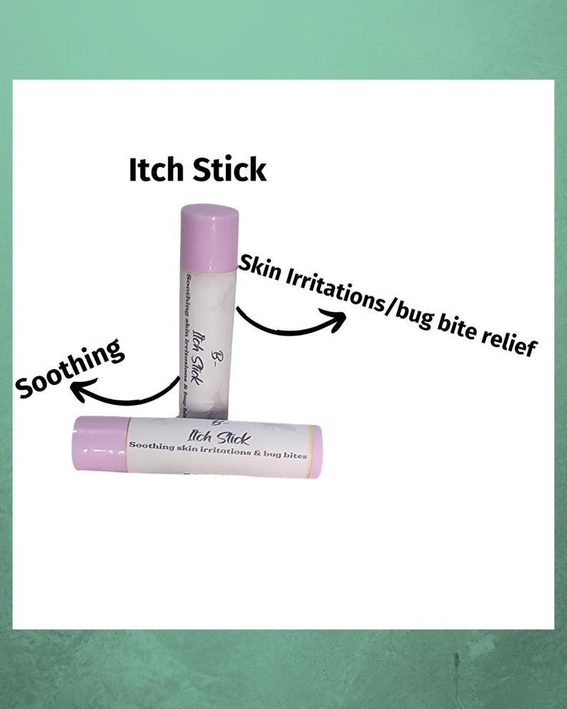 May include: Two "Itch Stick" lip balm tubes with pink caps and white labels. The labels read "Soothing skin irritations & bug bites." Text on the image indicates the product provides skin irritation and bug bite relief.