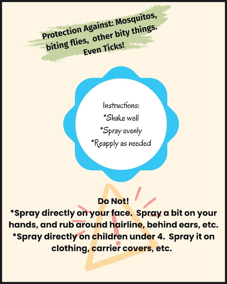 May include: A cream-colored informational graphic with text about insect repellent. The text includes instructions for use and warnings. The graphic features a blue scalloped circle and a yellow triangle with red lines.
