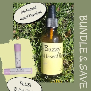 May include: A bundle of insect repellent and B-Itch Stick. The insect repellent is in a brown glass bottle with a black spray top and a yellow label that reads "B-Buzzy Natural Insect Repellent". The B-Itch Stick is in a pink tube. The text "All-Natural Insect Repellent" is in a white oval.
