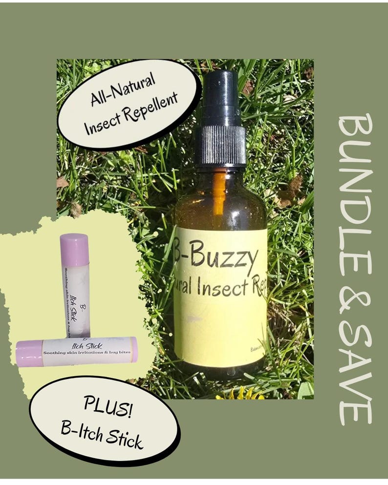 May include: A bundle of insect repellent and B-Itch Stick. The insect repellent is in a brown glass bottle with a black spray top and a yellow label that reads "B-Buzzy Natural Insect Repellent". The B-Itch Stick is in a pink tube. The text "All-Natural Insect Repellent" is in a white oval.