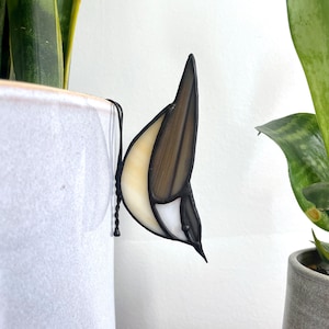 Stained Glass Nuthatch Plant Pot Hugger, Grey Bird Stained Glass Garden Accessories, Garden Lovers Gift