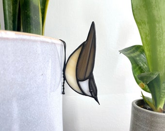 Stained Glass Nuthatch Plant Pot Hugger, Grey Bird Stained Glass Garden Accessories, Garden Lovers Gift