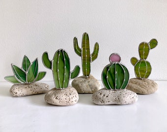 Stained Glass Cactus on Rock Stand, Fake Cactus Plant Stained Glass, Everlasting Plant, Home Decor