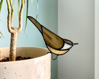 Stained Glass Bird Plant Pot Hugger, Carolina Wren Stained Glass Bird Garden Accessories, Bird Plant Stake