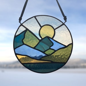 Stained Glass Mountains Suncatcher Window Hangings Mother's Day Glass Gift Sunrise Landscape Art