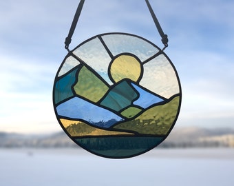 Stained Glass Mountains Suncatcher Window Hangings Mother's Day Glass Gift Sunrise Landscape Art