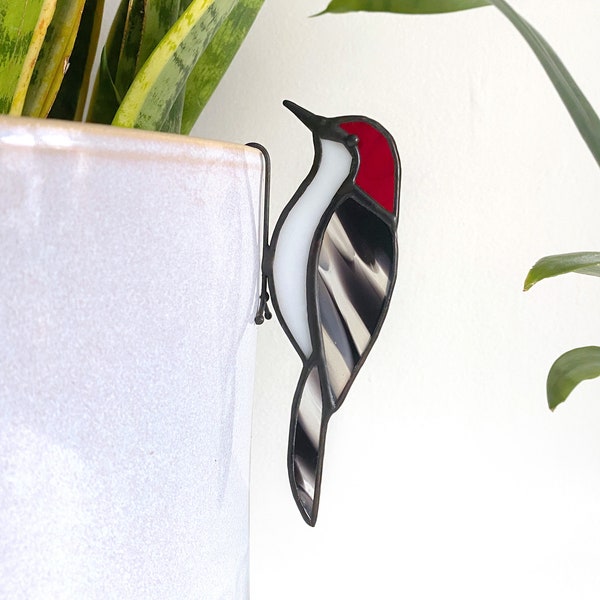 Stained Glass Woodpecker Plant Pot Hugger, Stained Glass Bird Garden Accessories, Woodpecker Yard Art