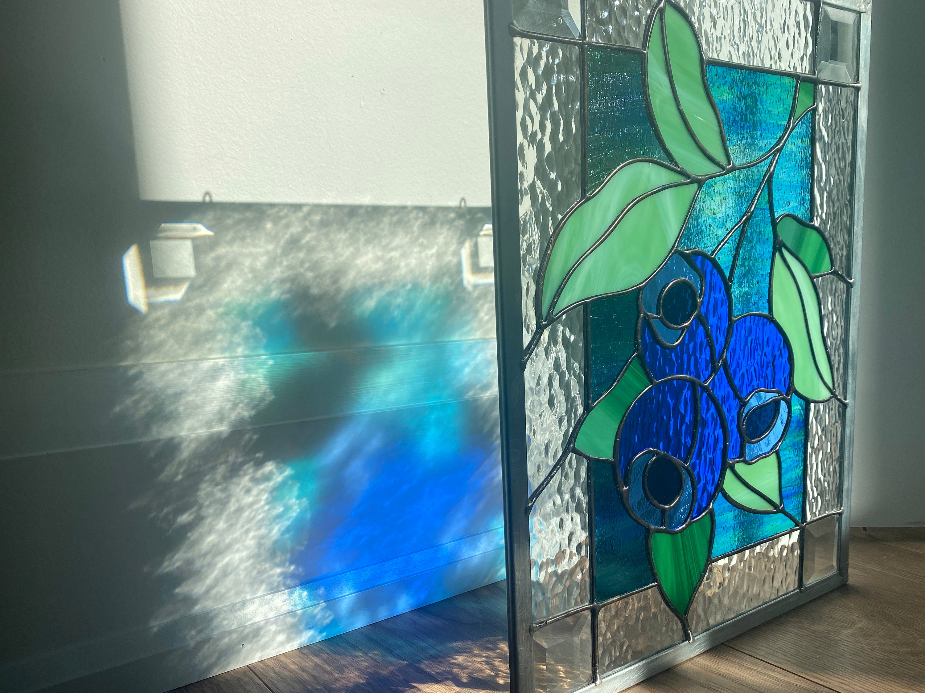 Blueberry Blue Suncatcher, Stained Glass Home Decor, Window Panel