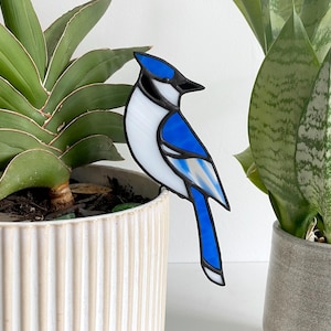May include: A stained glass blue jay bird decoration with white and blue details. The bird is perched near a potted plant with green leaves. The bird decoration is a decorative item.