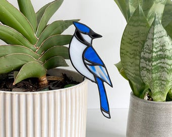 Stained Glass Blue Jay Plant Pot Hugger, Blue Jay Suncatcher Stained Glass Bird Plant Stake, Garden Accessories, Blue Bird Yard Art
