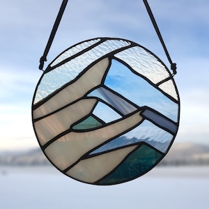 Stained Glass Winter Mountain Suncatcher, Nature Landscape Stained Glass Window Hanging, Nature Themed Decor