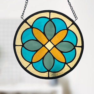 Geometric Stained Glass Panel, Circle Stained Glass Mandala, Stained Glass Flower Window Hanging