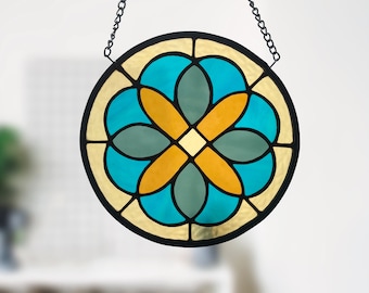 Geometric Stained Glass Panel, Circle Stained Glass Mandala, Stained Glass Flower Window Hanging