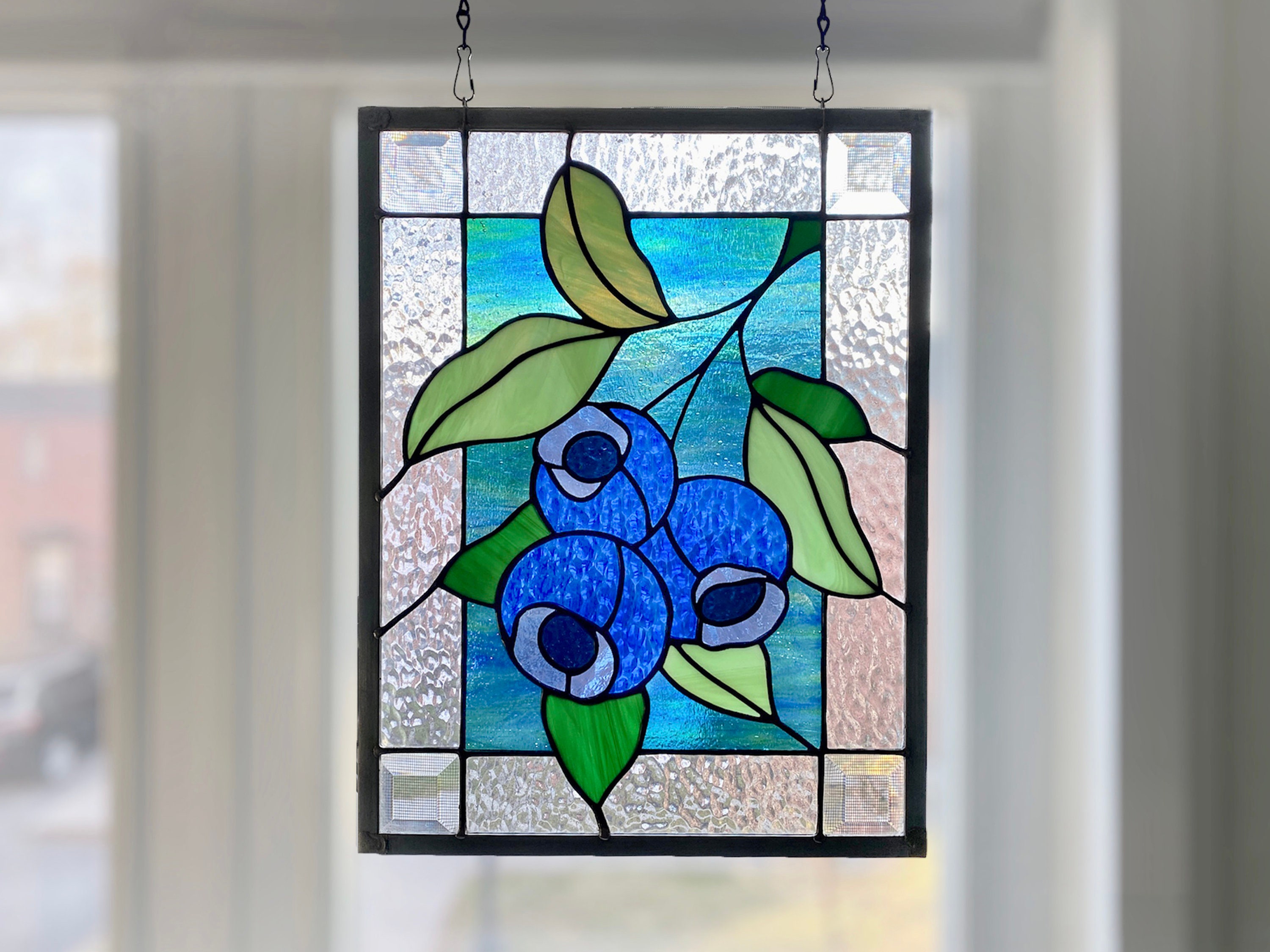 Blueberry Blue Suncatcher, Stained Glass Home Decor, Window Panel