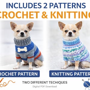 Può includere: L'immagine presenta due cani di piccola taglia con maglioni lavorati a maglia. Il cane a sinistra ha un maglione a righe blu, grigio e arancione con un'applicazione a forma di osso. Il cane a destra indossa un maglione multicolore. Testo: "INCLUDES 2 PATTERNS CROCHET & KNITTING".