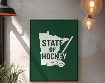 Impresión artística del estado de Minnesota sobre hockey, tipografía en blanco y negro (descarga digital)