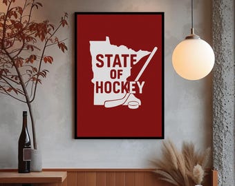 Lámina artística del estado de Minnesota sobre hockey, tipografía roja y blanca (descarga digital)