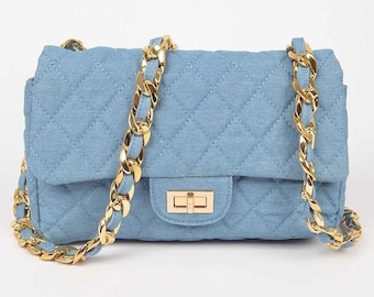 Quilted Denim Bag w/ Gold Chain (4 Colors)