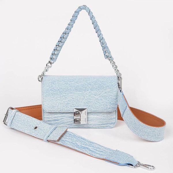 Denim Chain Flap Shoulder Bag (2 Colors)