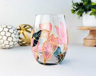 Pink Magnolia Flower Stemless Single Wine Glass, Textured glass, Gift for Mom, Floral Design Cup, Elegant Modern Vintage Chic Wedding Gift