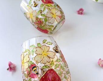 Handpainted Strawberry Wine Glass | Floral Stemless Glassware