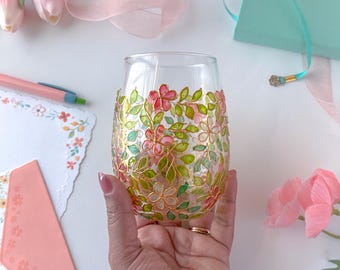 Hand-Painted Floral Single Stemless Wine Glass | Elegant Drinkware