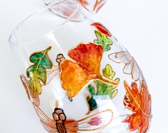 Hand-Painted Fall Leaves and Dragonfly Single Stemless Wine Glass | Fall Season Drinkware