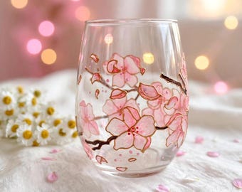 Handpainted Cherry Blossom Single Stemless Wine Glass, Unique Kitchen Decor