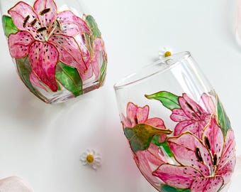 Hand-Painted Pink Lily Stemless Wine Glass | Floral Barware, Home Decor, Gift for mom