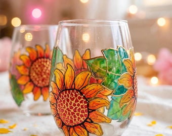 Hand-Painted Sunflower Single Stemless Wine Glass | Floral Drinkware