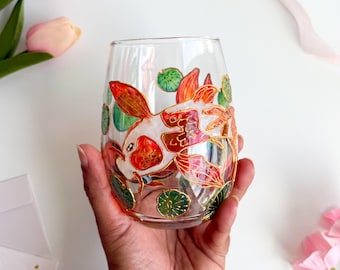 Handpainted Koi Fish Wine Glass | Japanese Zen Drinkware