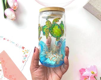 Hand-Painted Stained Glass Turtle Can Glass with Bamboo Lid & Glass Straw