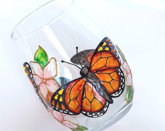 Hand-Painted Monarch Butterflies Wine Glass | Red Orange Yellow Wings with White Flowers