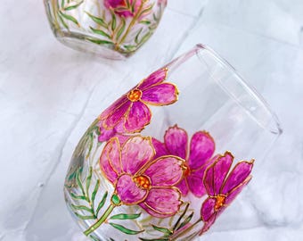 Hand-Painted Cosmos Stemless Wine Glass, October Birth Flower Birthday Gift