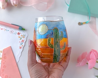 Handpainted Arizona Desert Wine Glass | Cactus Sunset Landscape