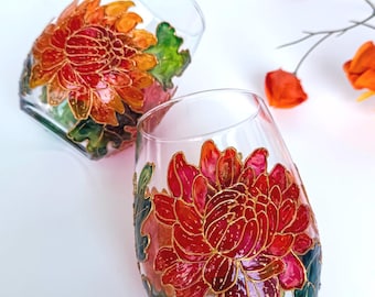 Hand-Painted Chrysanthemum Single Stemless Wine Glass | Fall Colors Floral Drinkware