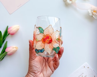 Hand-Painted Daffodil Single Stemless Wine Glass | Floral Drinkware