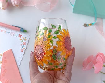 Handpainted Sunflower Stemless Wine Glass | Bee Lover Gift