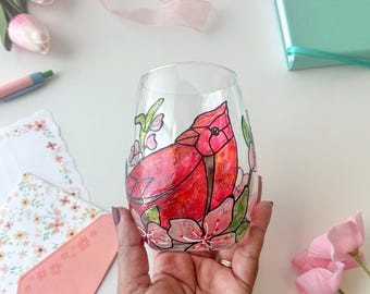 Handpainted Cardinal Wine Glass | Red Bird Summer Gift