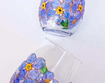 Hand-Painted Forget-me-not Stemless Wine Glass, September Birth Flower Birthday Gift